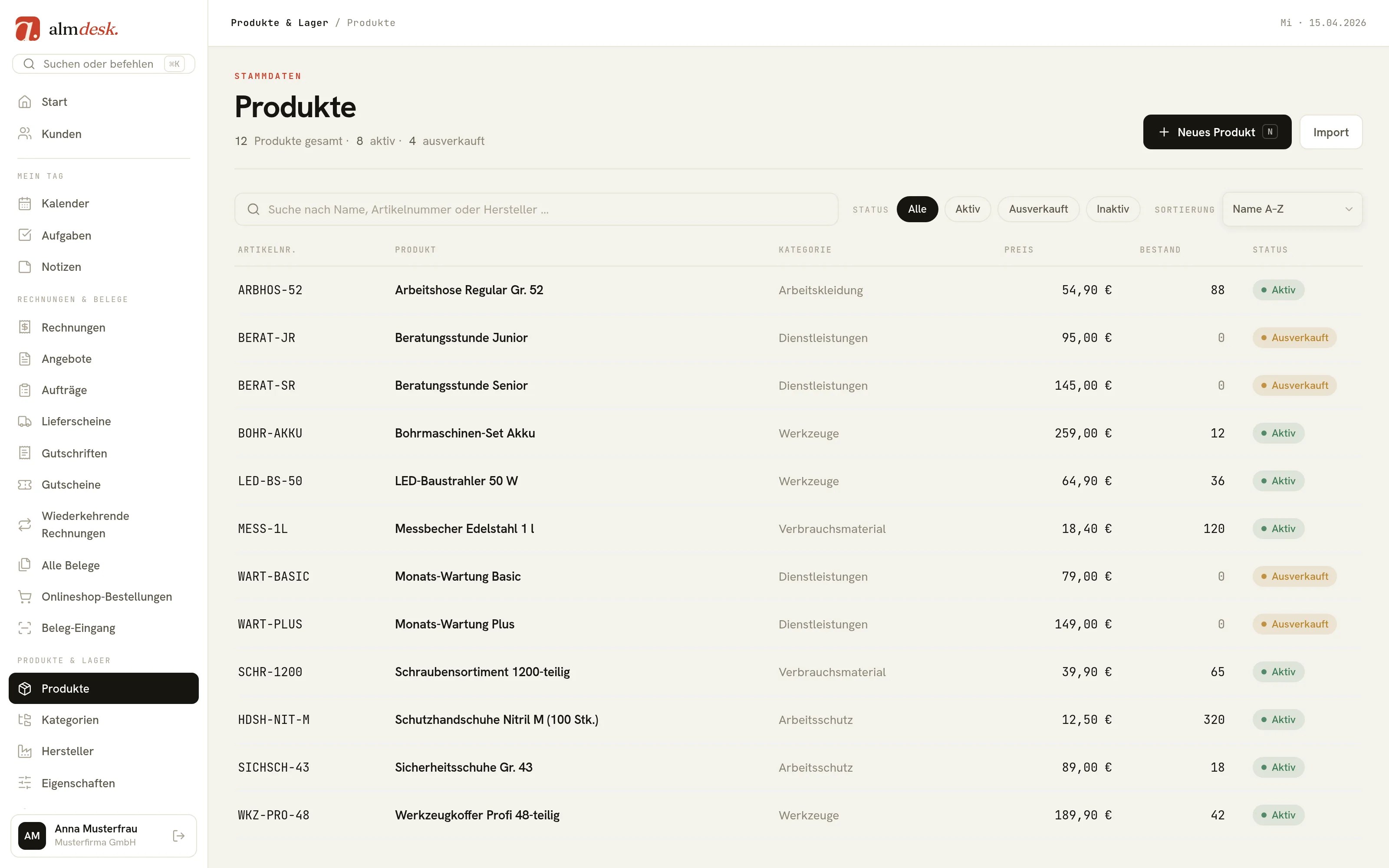Produktliste in almdesk mit Aktiv-Schaltern und Preisen — Grundlage der Shop-Anbindung