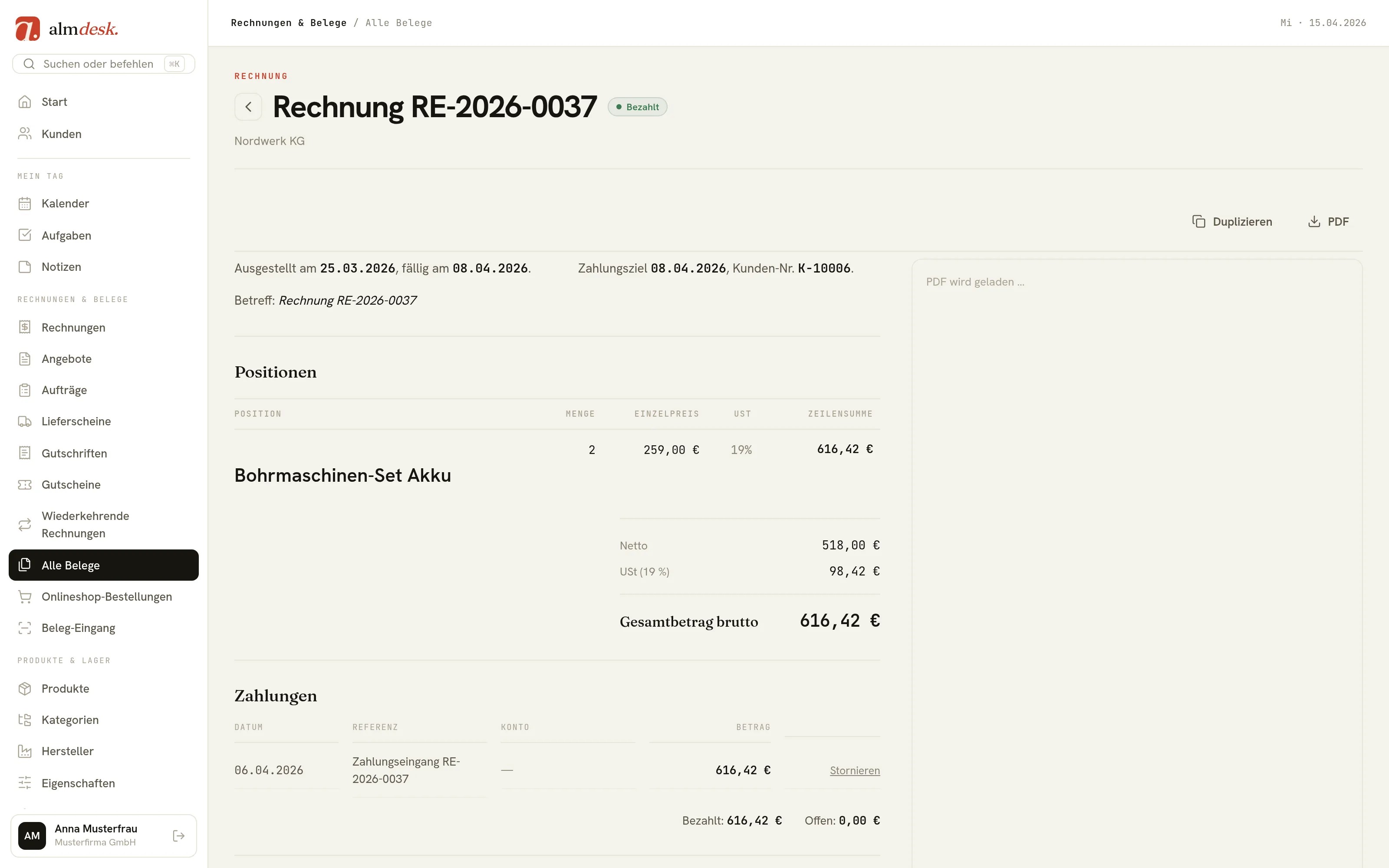 almdesk-Rechnung RE-2026-0037 an die Nordwerk KG, Status „Bezahlt", mit Positionen und Brutto-Betrag 616,42 Euro