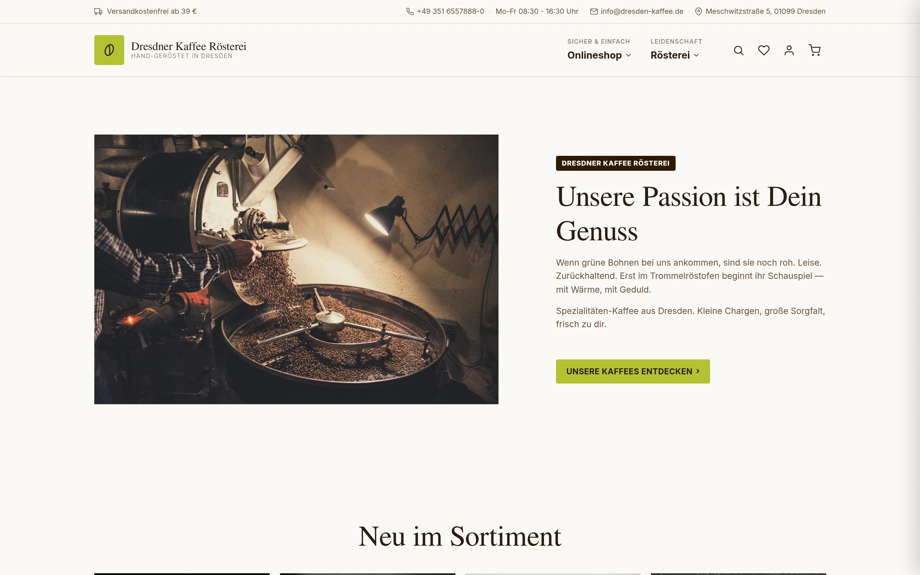 Live-Demo des Kaffee-Themes: Rösterei-Foto mit olivgrünem Akzent und der Zeile „Unsere Passion ist Dein Genuss"