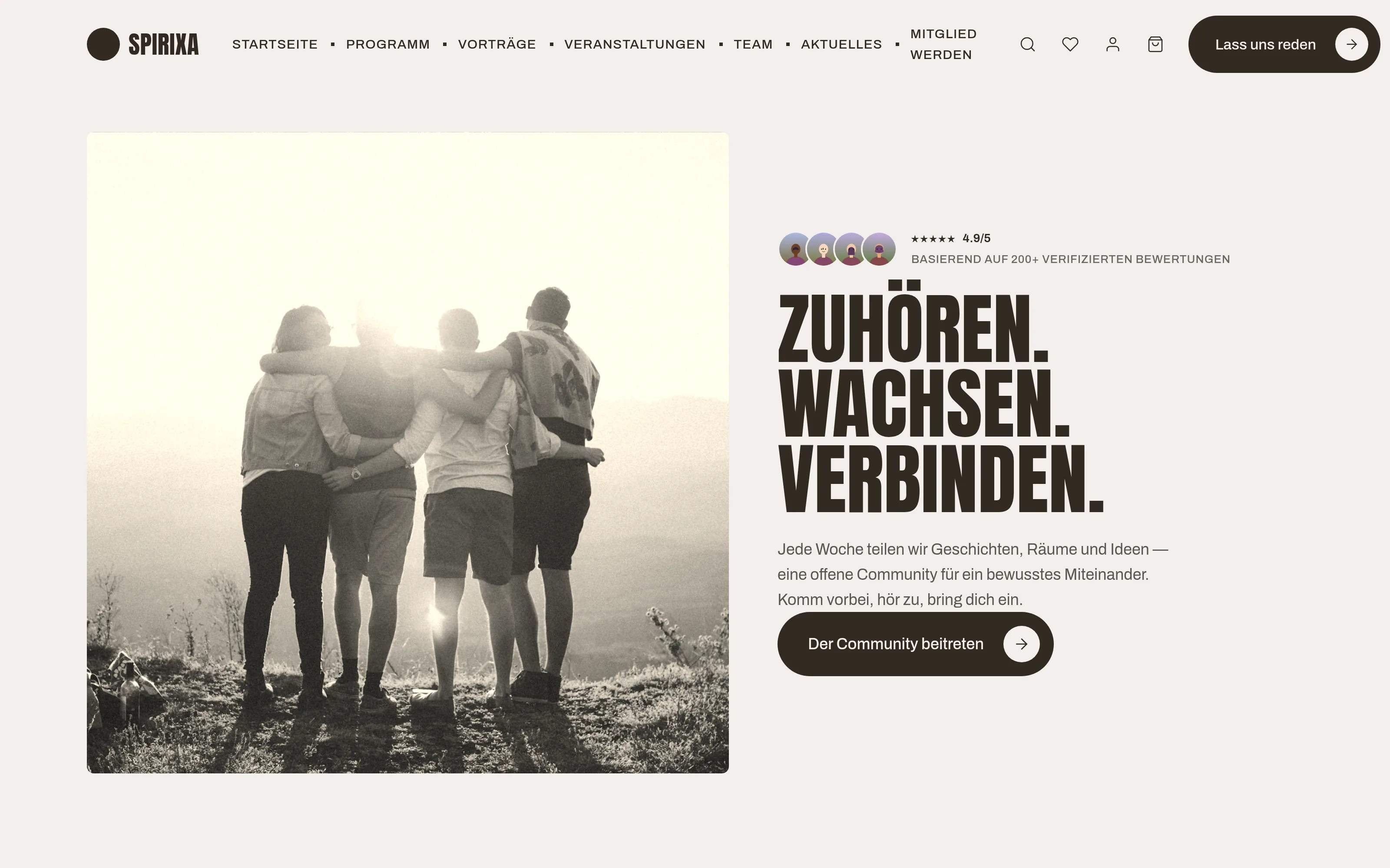 Live-Demo des Spirixa-Themes: Schwarzweiß-Foto einer Menschengruppe mit der Headline „Zuhören. Wachsen. Verbinden." und einem Community-Button