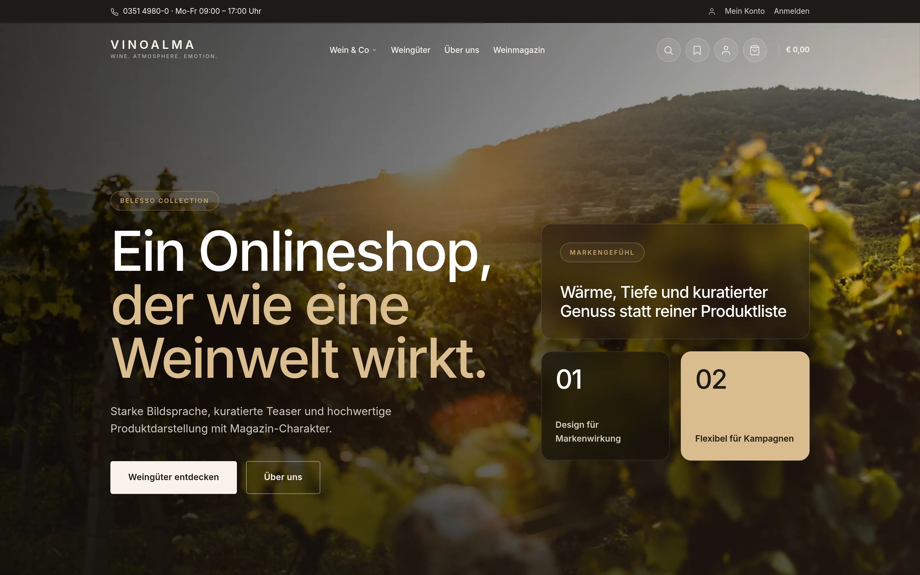 Live-Demo des Vinoalma-Themes: dunkler Weinberg-Hero mit der Headline „Ein Onlineshop, der wie eine Weinwelt wirkt" und nummerierten Magazin-Blöcken